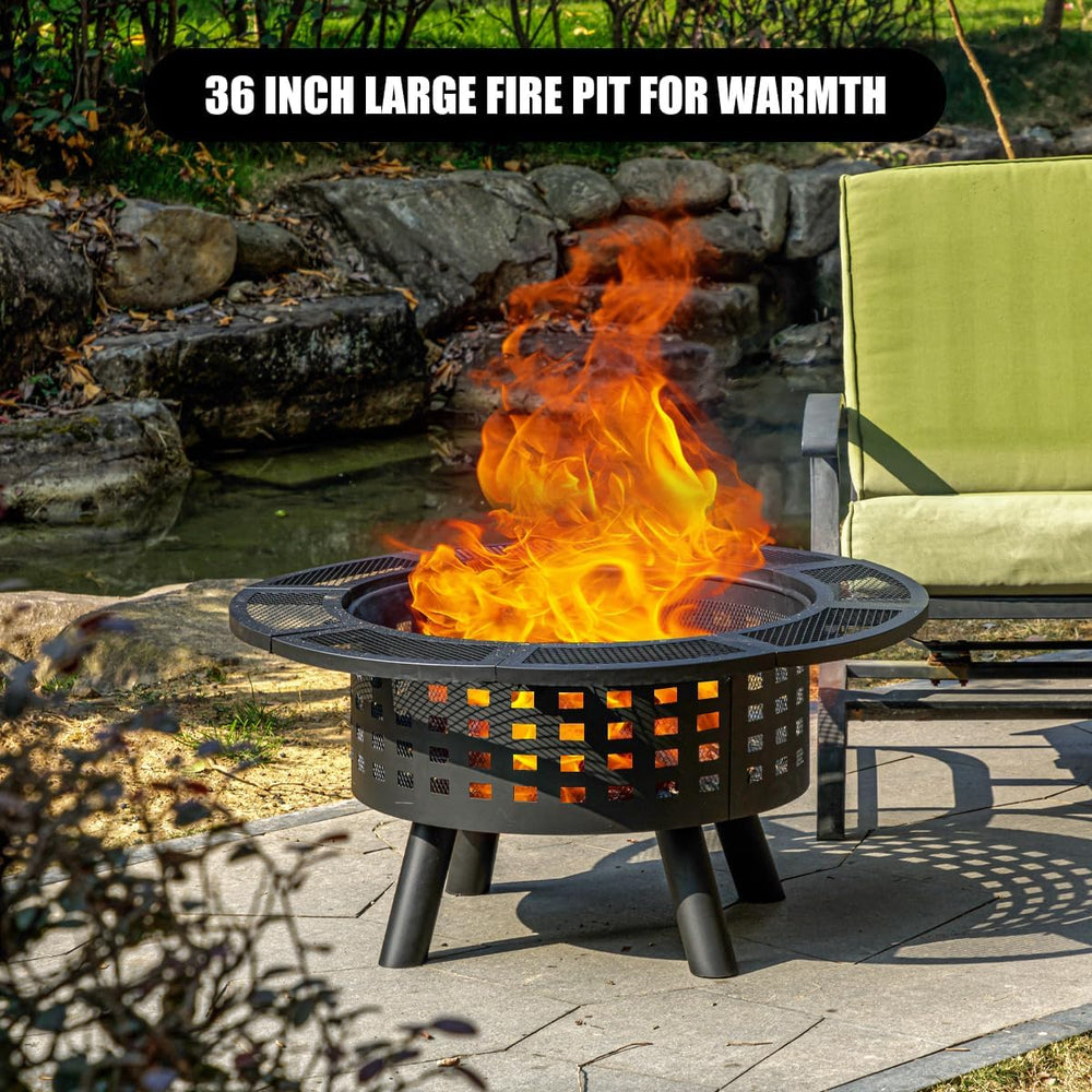 Verdeluxe 36 inch Outdoor Fire Pit with Grill Wood Burning 3-in-1