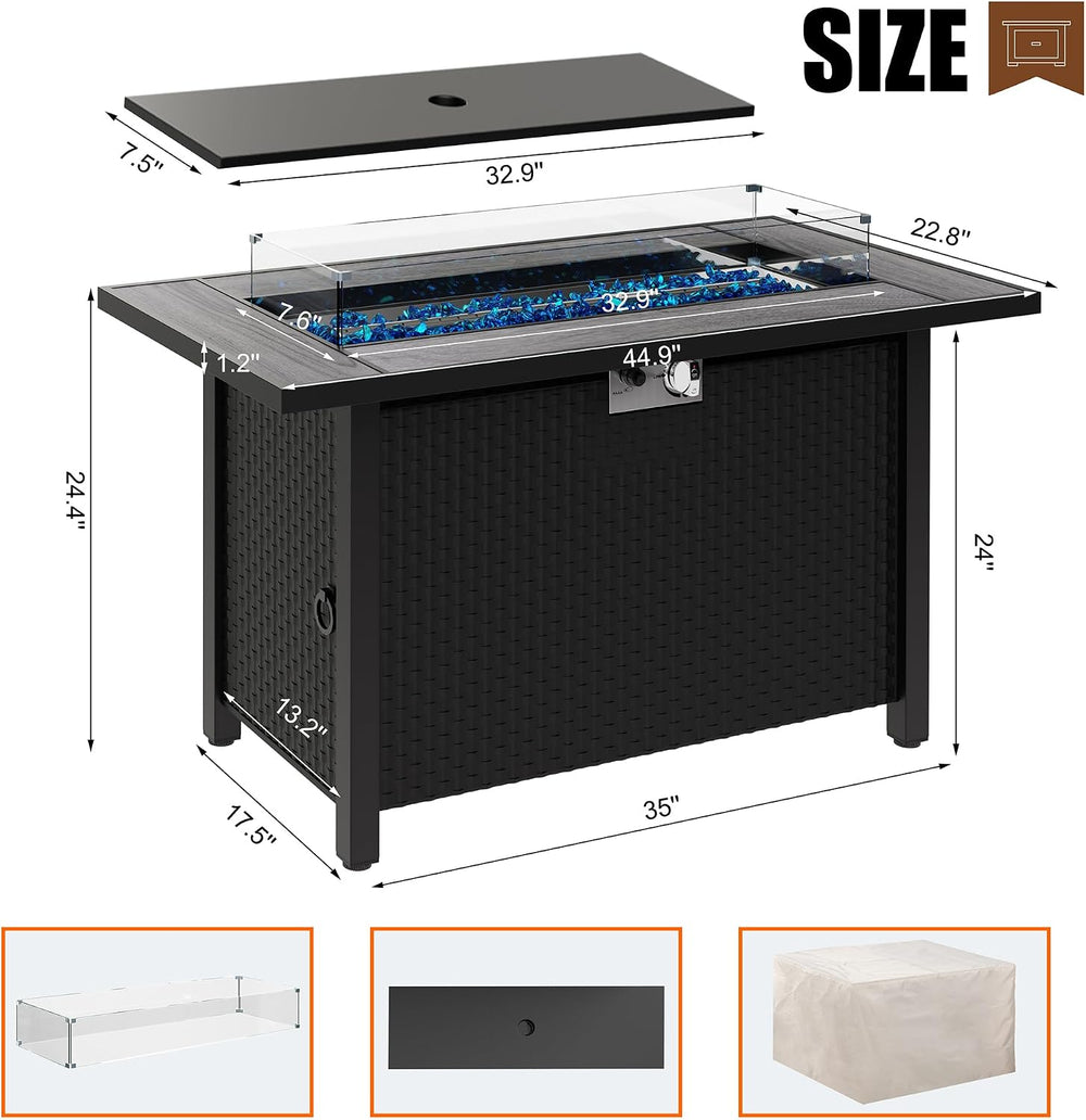 45 inch Outdoor Propane Fire Pit 50,000 BTU Gas Fire Pit Table with Lid, Glas...