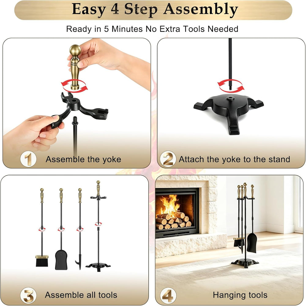 FEED GARDEN 4-Piece Fireplace Tools, Antique Brass Handle, 30" Wrought Iron