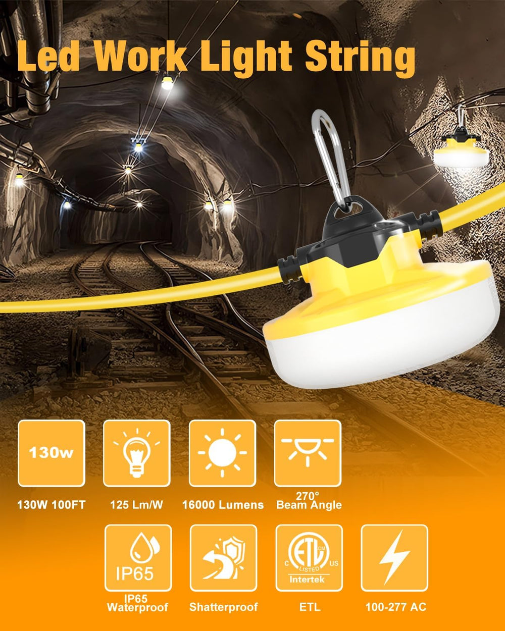 LED Construction String Light 100FT, 130W 16000Lm Industrial LED String Work ...
