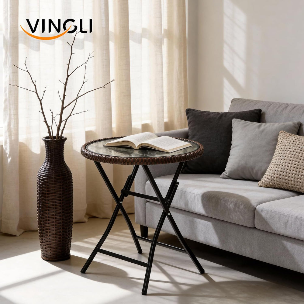 VINGLI 23.6in Modern Brown Rattan Folding Glass Outdoor Side Table, Small Pat...
