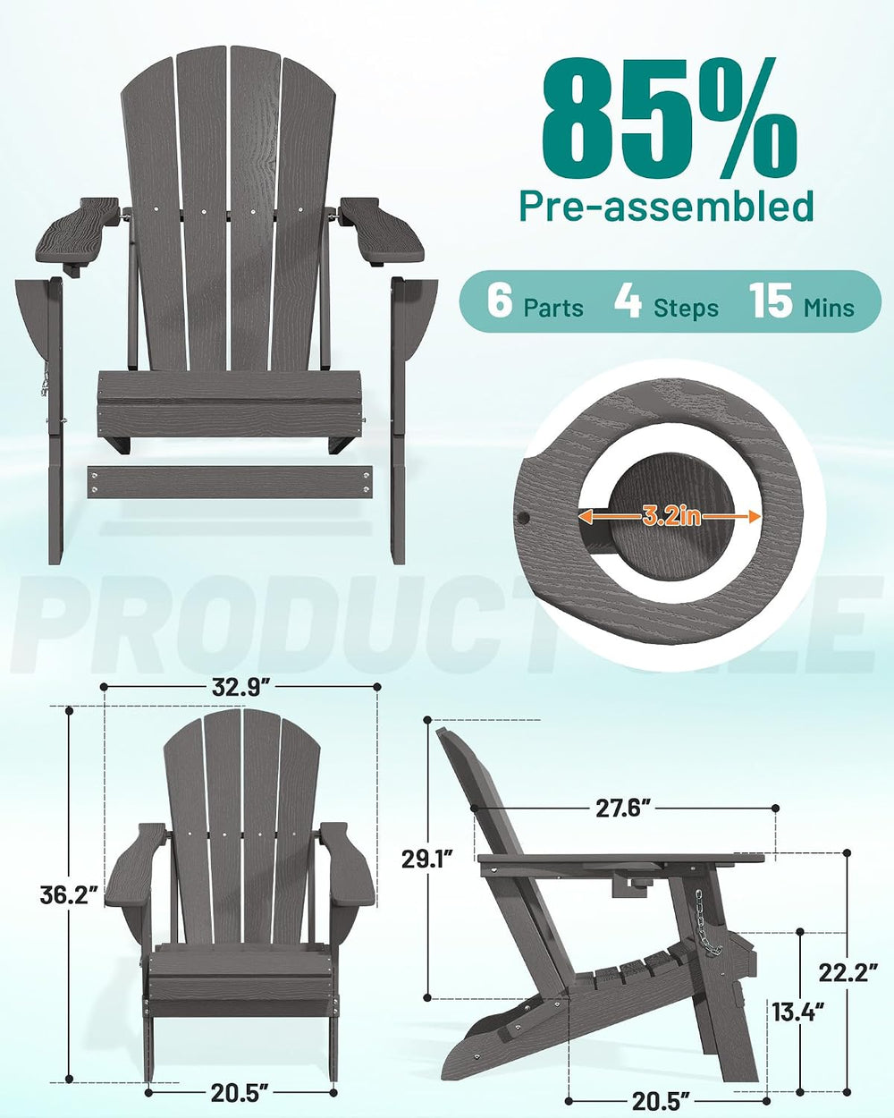 PLUUV Folding Adirondack Chair, HDPE Fire Pit Chairs with Cup Holder, Grey