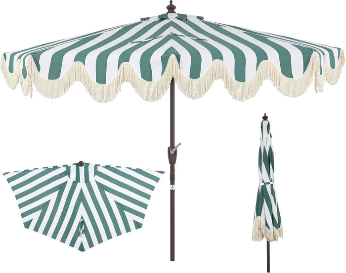 JONATHAN Y Beverly 9 ft. Striped Half Umbrella, Green/Dark Brown