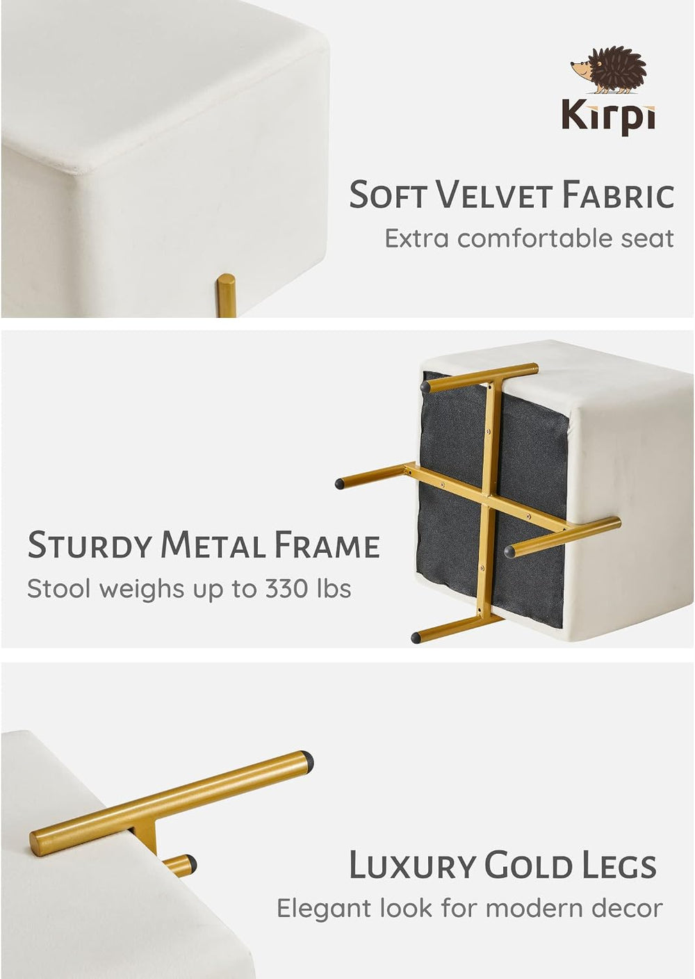 Kirpi Cream Velvet Foot Stool Set of 2, Modern Vanity Ottoman Stools with Gol...