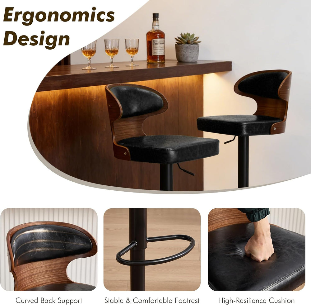 Bar Stool, 360° Swivel Barstools with Solid Wood Back and Footrest, Leather A...