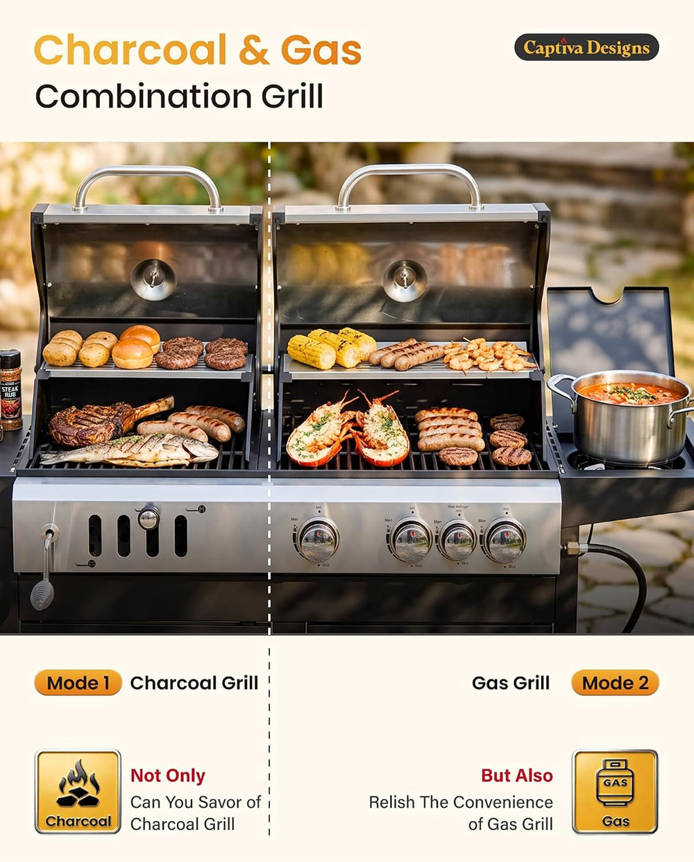 Captiva Designs Charcoal and Gas Grill Combo,690 SQIN Dual Fuel Propane BBQ