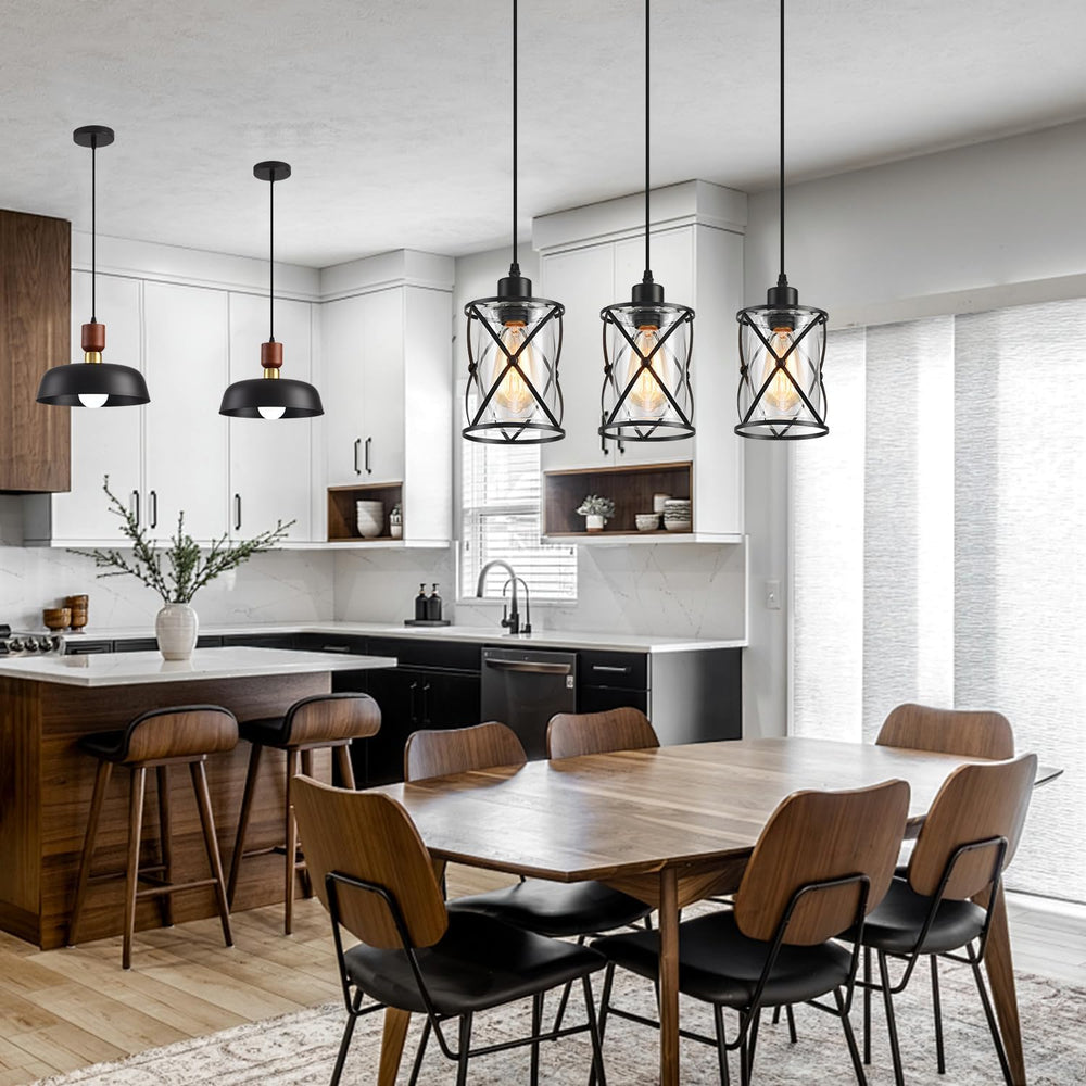 3 Lights Industrial Pendant Light with Glass Shade Matte Black Pendant Lighti...