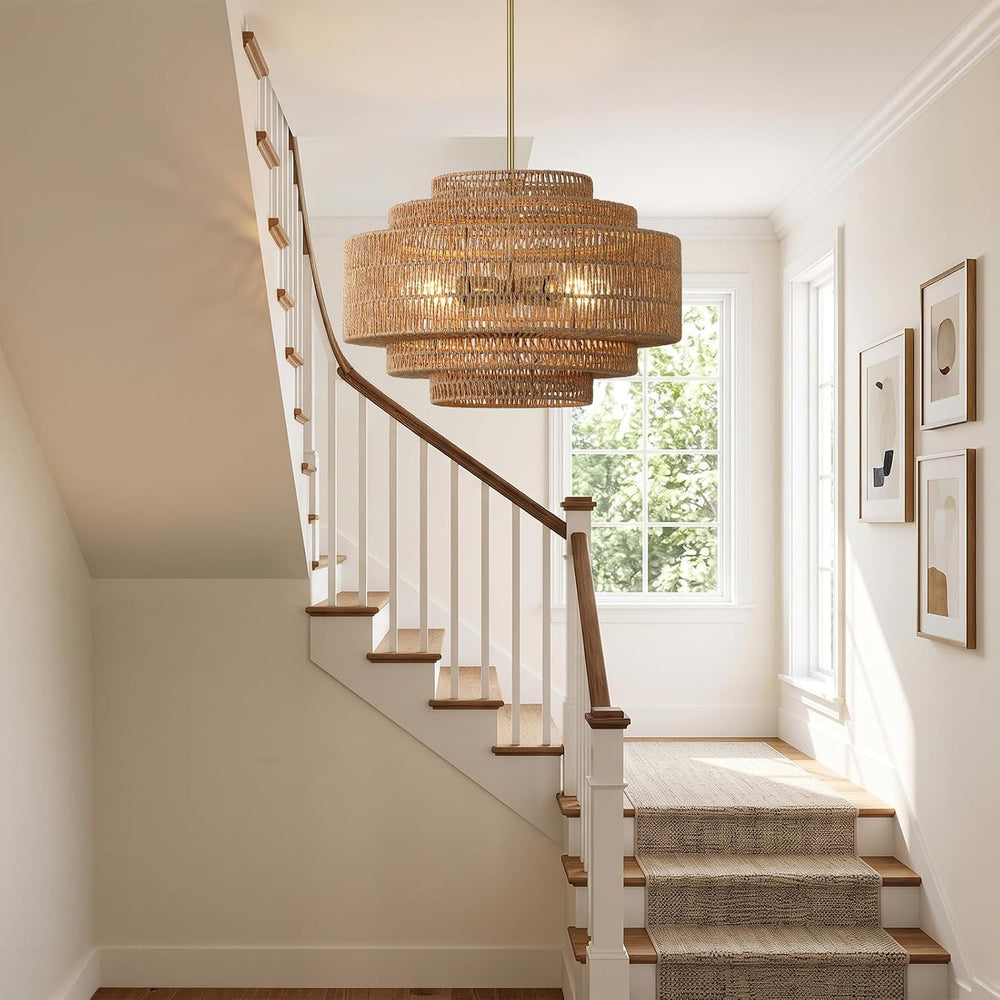 19.68" Gold Rattan Chandelier, 4-Light Handwoven Wicker Fixture