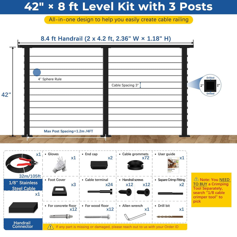 4ft-8ft Modular 42in Cable Railing System for Deck with Handrail