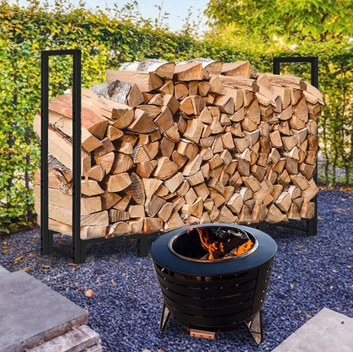Koutemie 8Ft Outdoor Firewood Rack Holder for Fireplace Wood Storage, Adjustable Fire Log Stacker Stand, Black