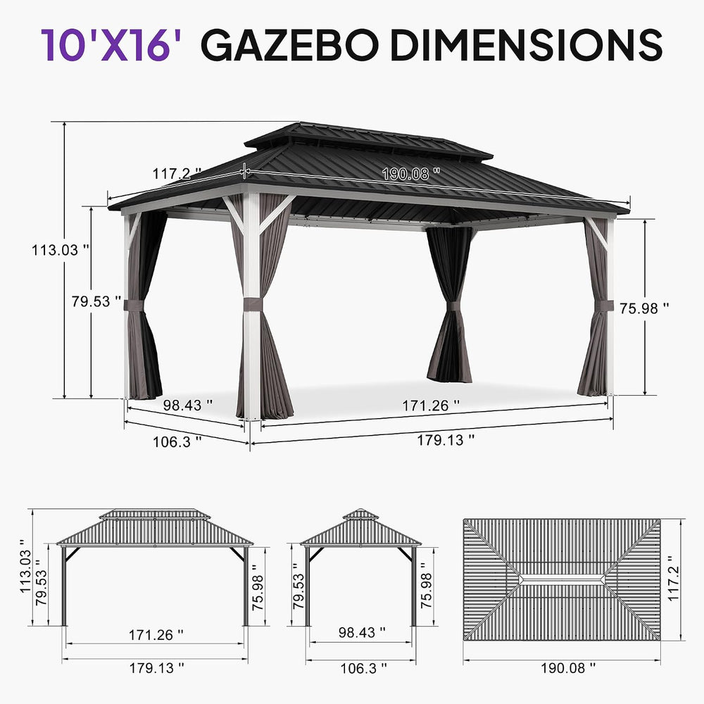 PURPLE LEAF Hardtop Gazebo 10' x 16' White Pavilion Galvanized Steel ...