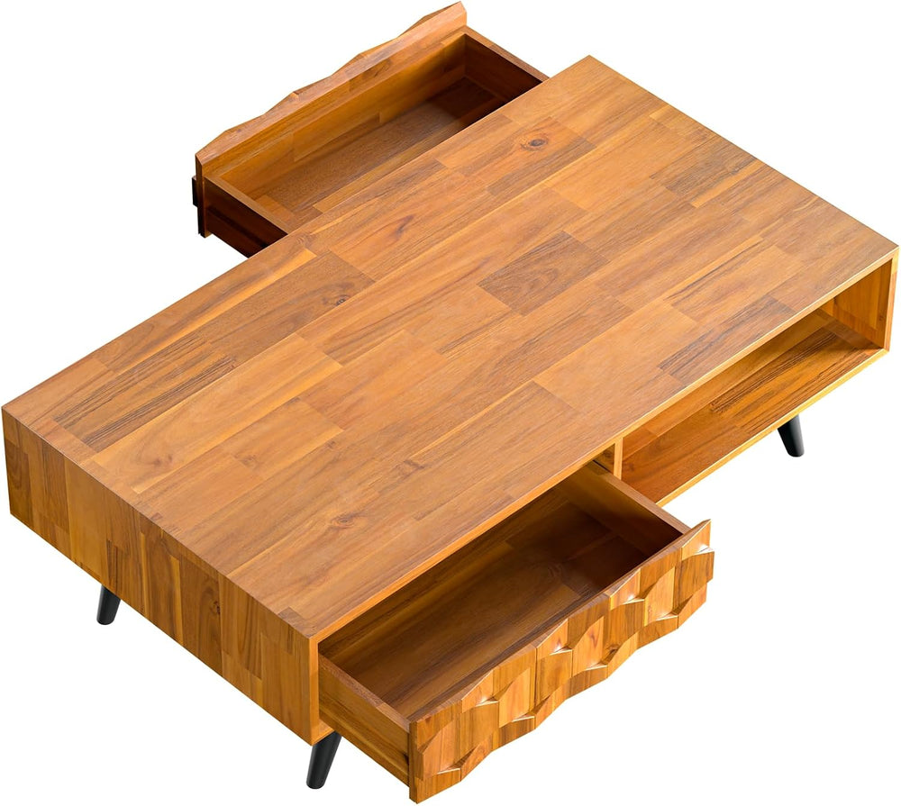 Bme Georgina Solid Wood Coffee Table, 2 Drawers & Open Shelves, Teak Brown