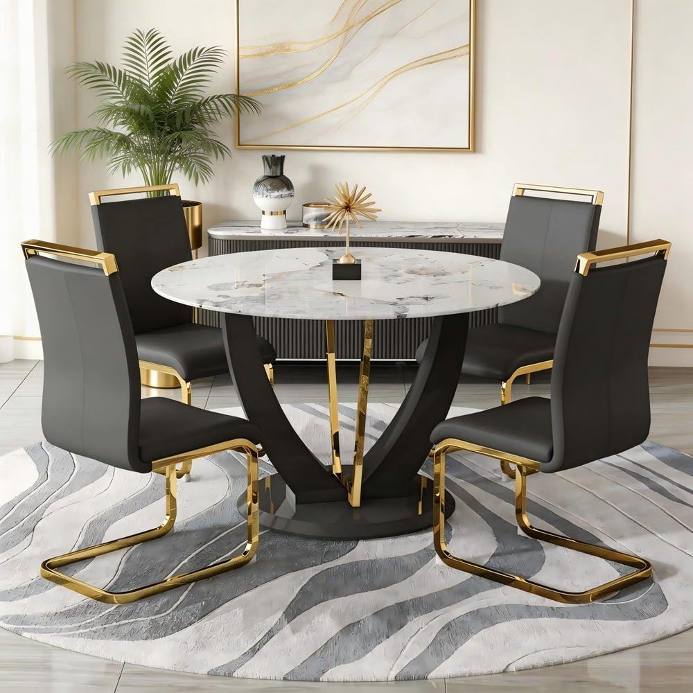 47" Round Glass Black Gold Dining Table Set 4