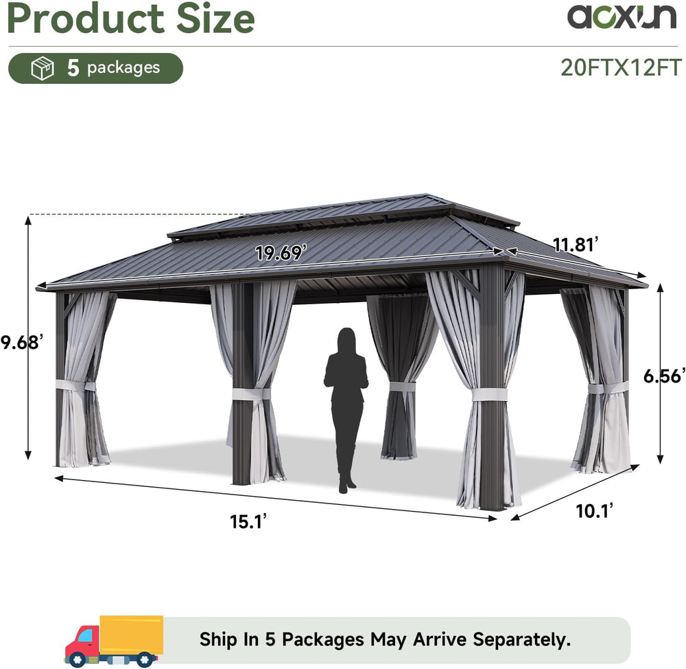 Aoxun 12’x20’ Hardtop Gazebo with Galvanized Steel Double Roof Gray
