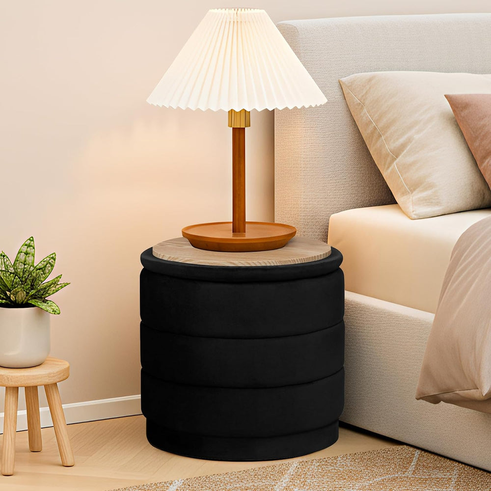 15.4" Round Velvet Storage Ottoman with Reversible Lid, Upholstered Circ...