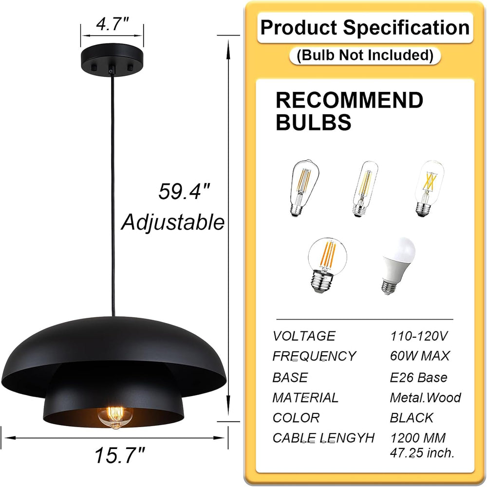 Lingkai 15.7" Black Modern Pendant Light Fixtures, Kitchen Lighting Fixt...
