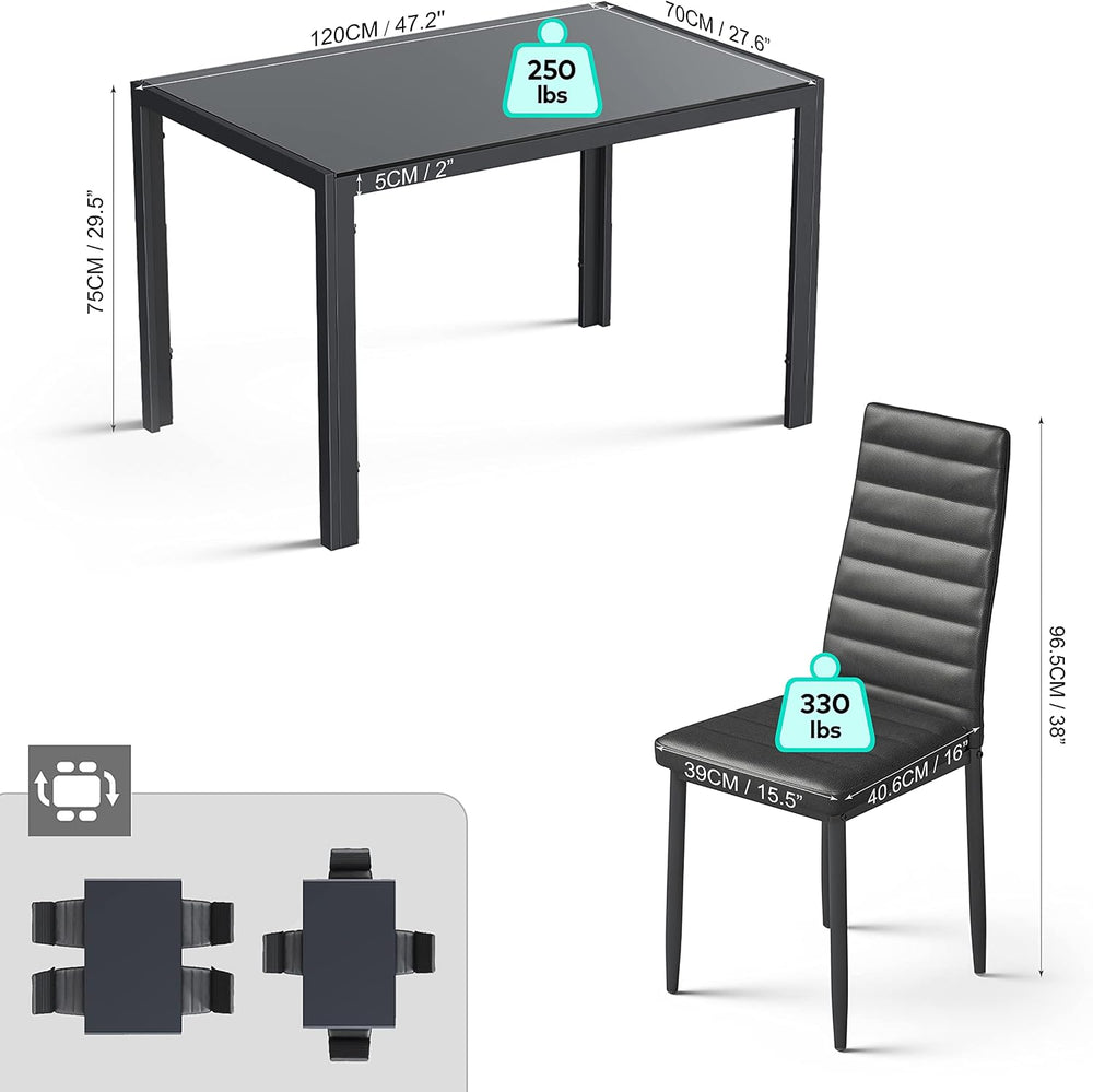 Gizoon Black 5 Piece Glass Dining Table Set, Kitchen Table and Chairs for 4