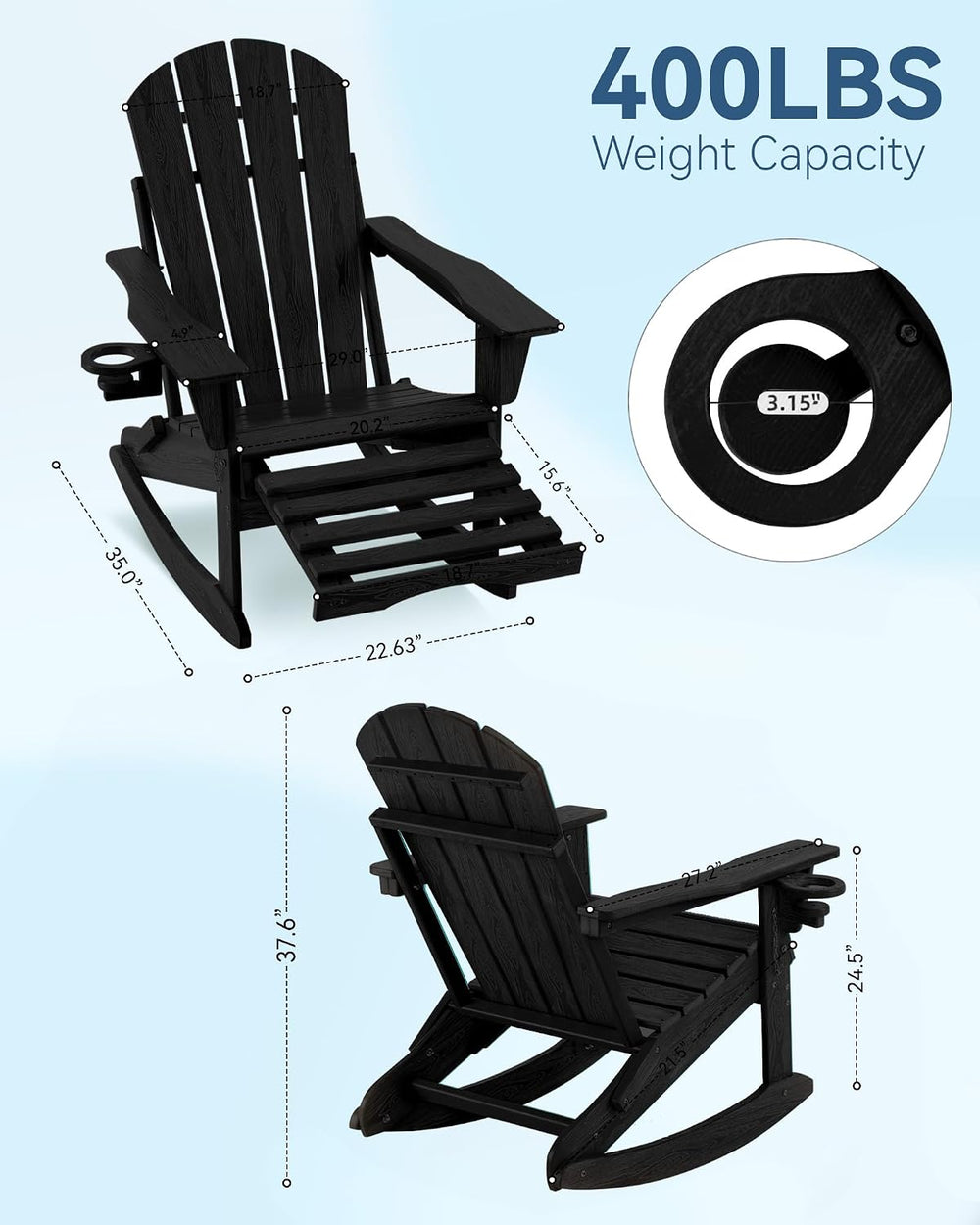 Adirondack Rocking Chair Set of 2 with Retractable Ottoman and Cup Holders, H...