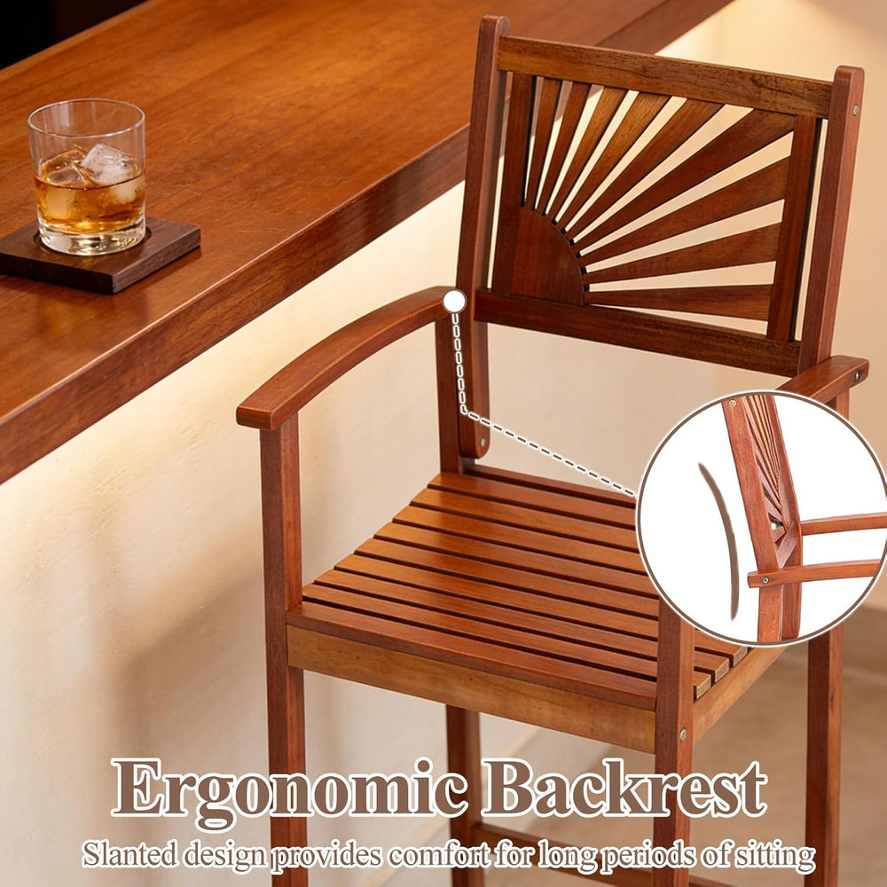 COSTWAY 29'' Outdoor Acacia Wood Bar Chairs Set of 4 with Back and Ar...