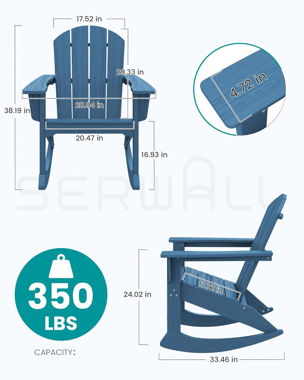 SERWALL Outdoor HDPE Adirondack Rocking Chair, All-Weather, Navy