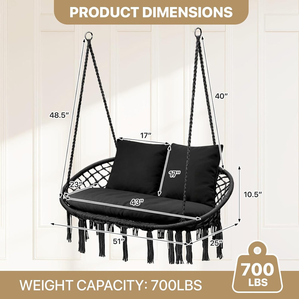 MoNiBloom Outdoor 2 Seat Hammock Chair with 3 Cushion, Black