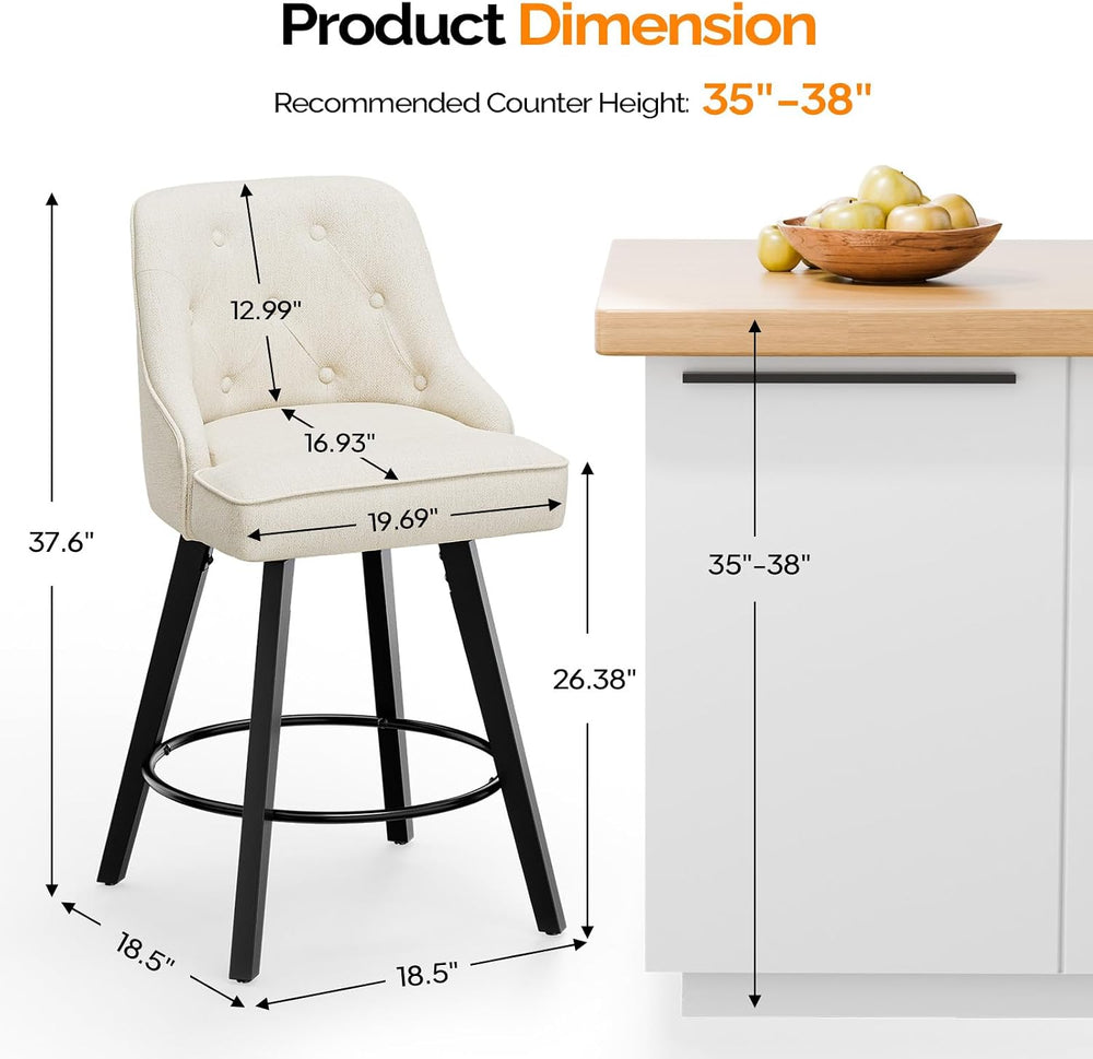 VINGLI 26" H Swivel Barstools Set of 2, Linen Fabric Upholstered Counter...