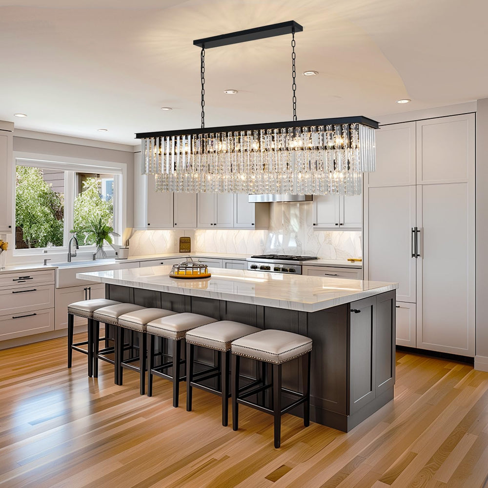 Modern Black Rectangular Chandelier, Double Layer Crystal Lighing Fixture