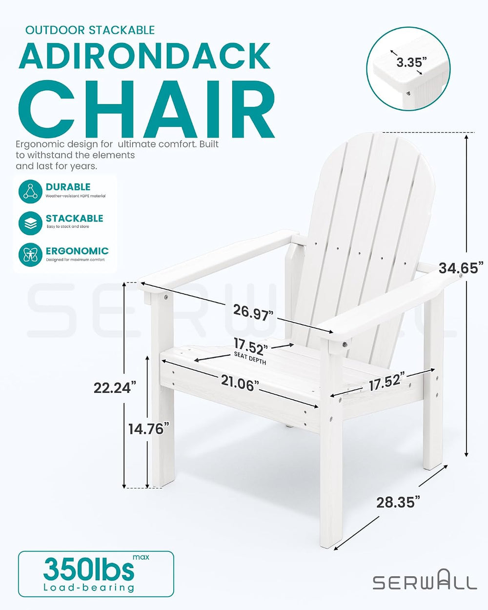 SERWALL HDPE Stackable Adirondack Chair,Space-Saving, White