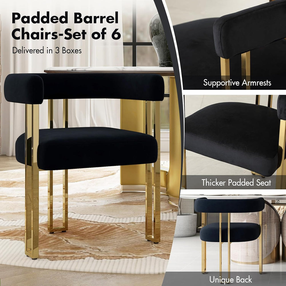 Hyfirm Set of 6 Black and Gold Modern Dining Chairs, Velvet Upholstered Barre...