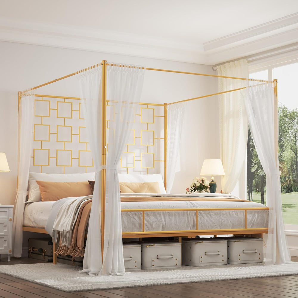 King Canopy Bed Frame, Gold Metal Bed, No Box Spring Needed