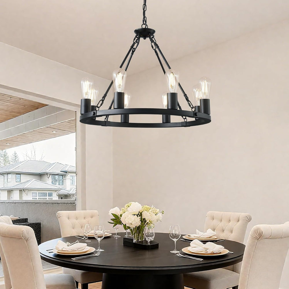 Wagon Wheel Chandelier 8-Light Black Dining Room Light Fixture