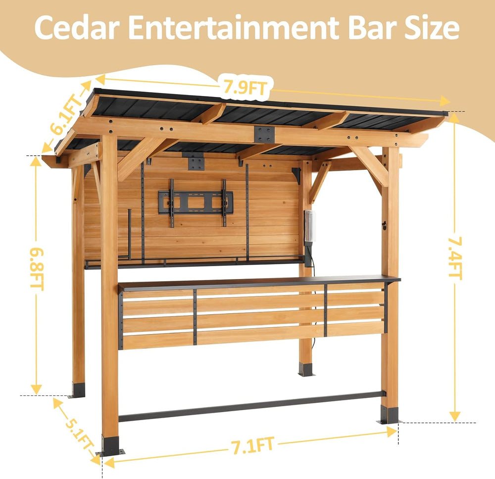 6x8FT Cedar Wood Outdoor Bar Gazebo with Built-in Power Outlet & TV Mount...