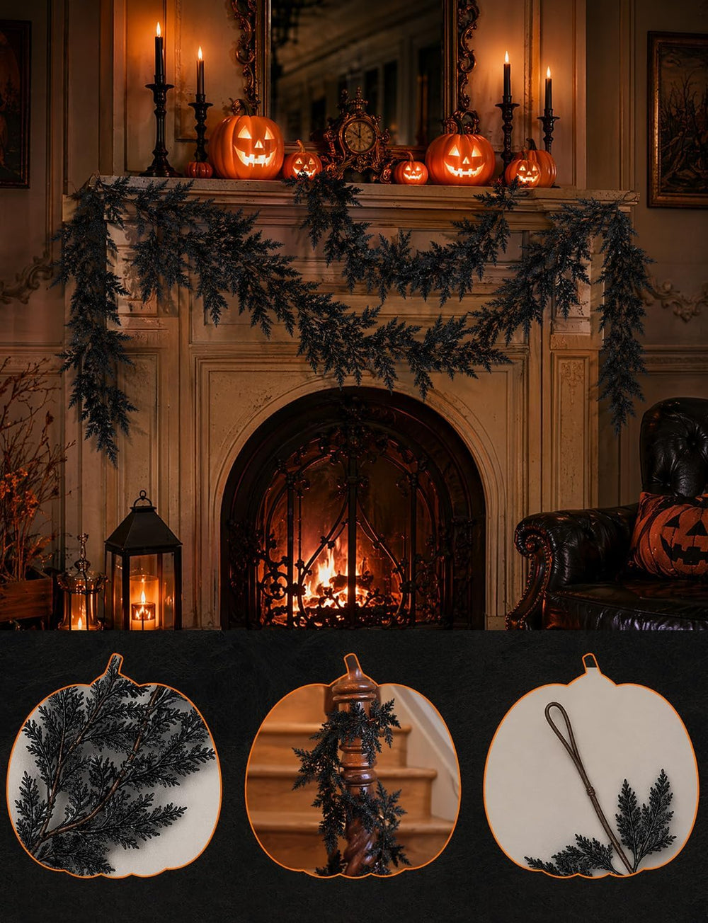2 PCS 5.91 FT Black Halloween Cedar Pine Garland, Realistic Spooky