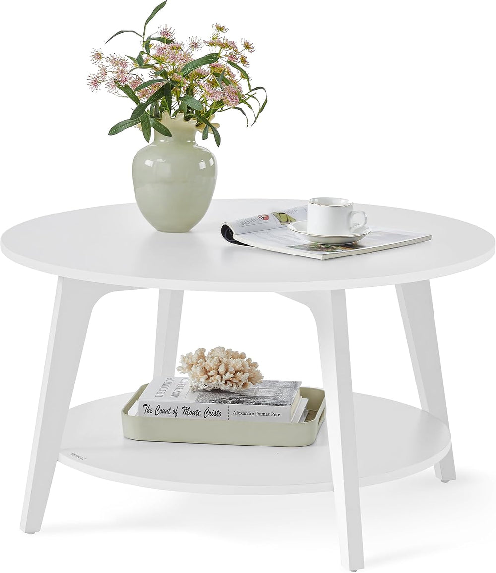 VASAGLE Round Coffee Table, 2-Tier Center Table with Storage, Tapered Legs