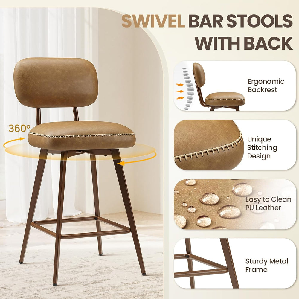 MALOL 26“ Swivel Bar Stools Set of 4, Mid Century PU Leather Counter Height B...