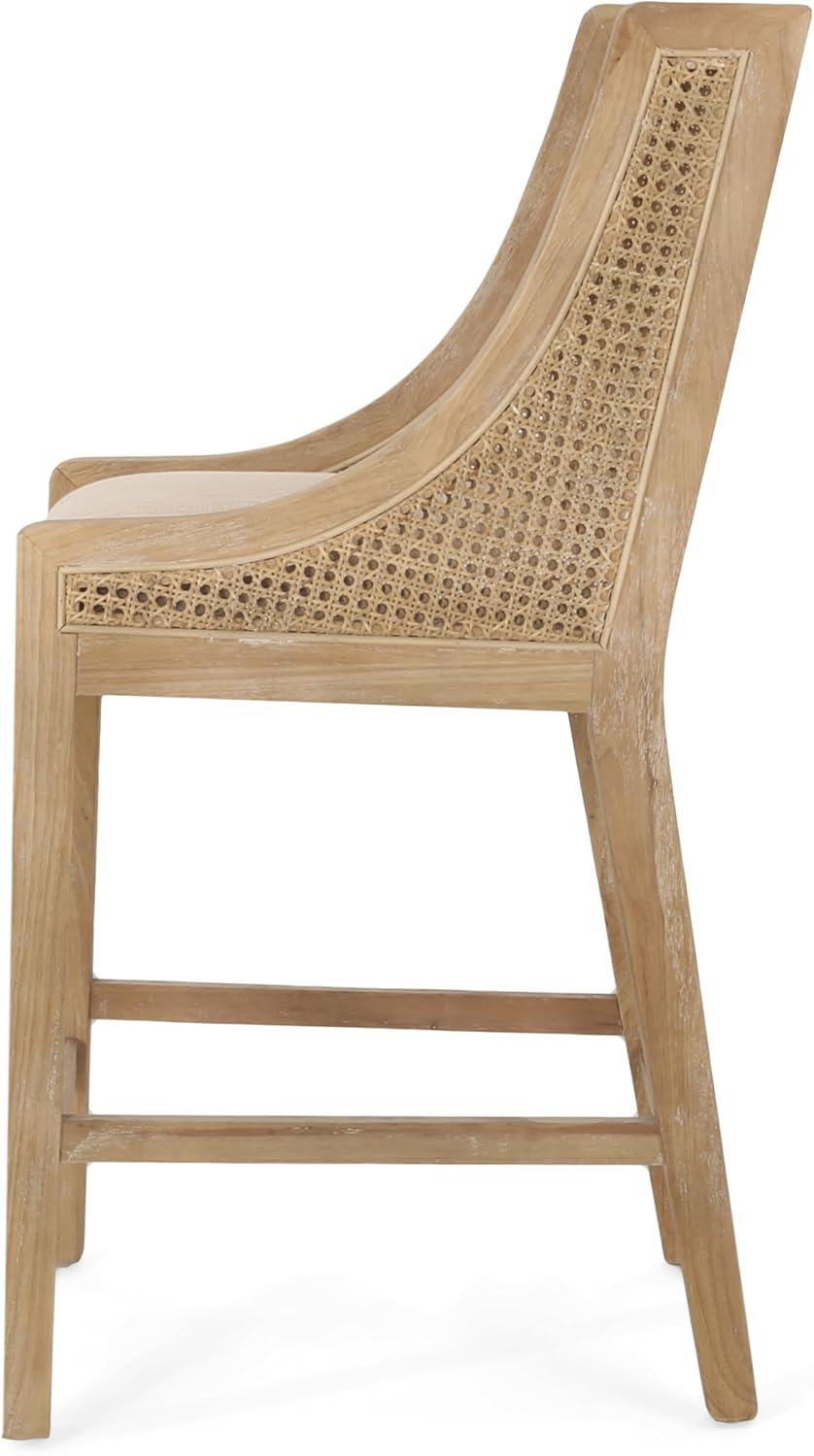 Merax 25.5" Fabric Upholstered Wood and Cane Counter Stools with Backres...