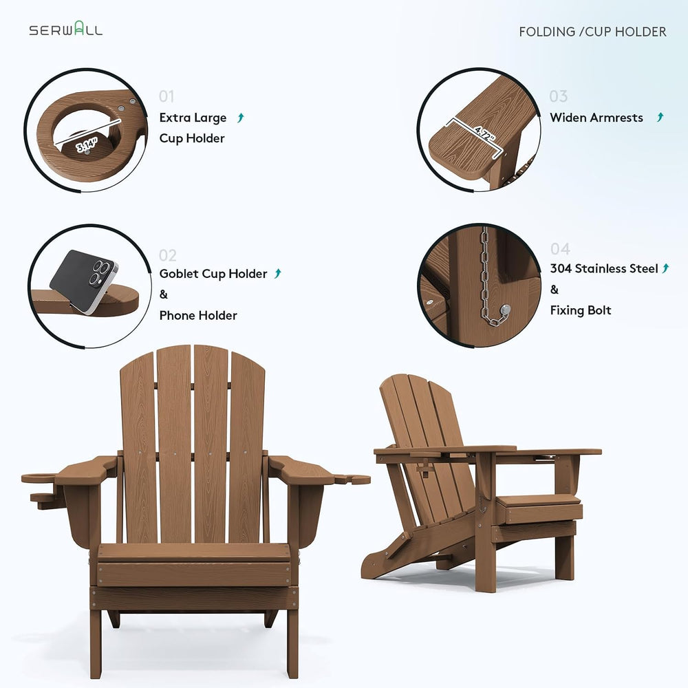SERWALL Outdoor Adirondack Chairs with 2 Cup Holders,Foldable,Brown