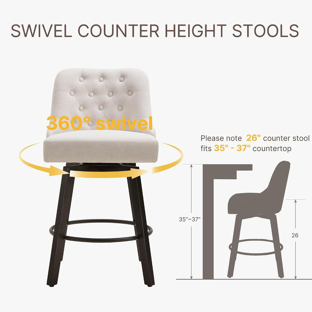 KISLOT Swivel Bar Stools with Back, 26" Counter Height, 2-Pack Linen