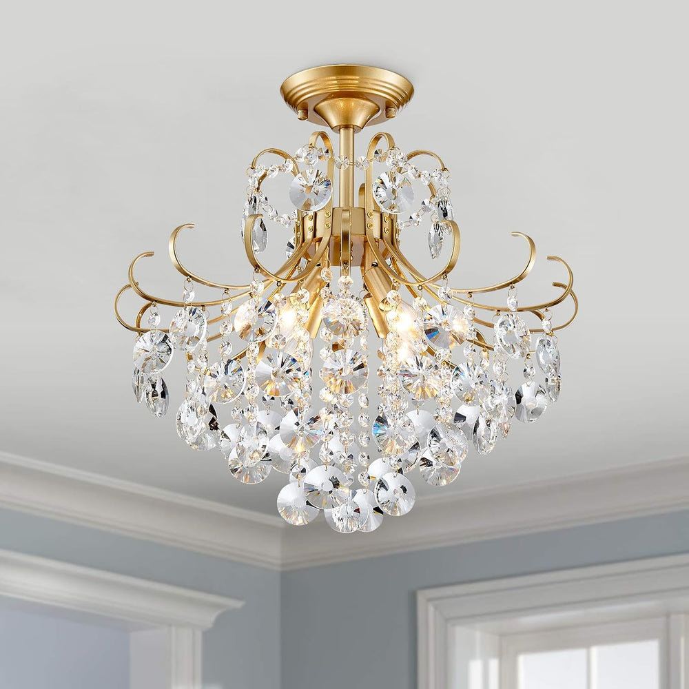 Gold Crystal Chandelier Ceiling Light, Luxury Crystal Semi Flush Mount Ceilin...
