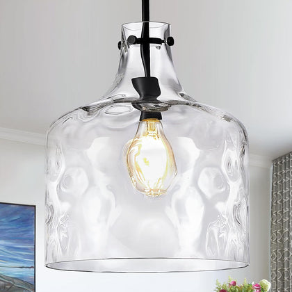 CATINER 16" Farmhouse Hammered Glass Pendant Light, Black Hanging Light