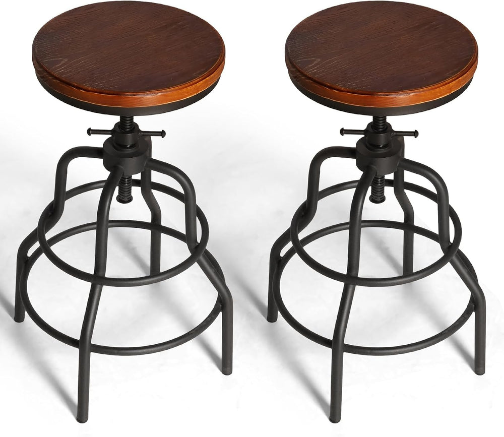 LOKKHAN Vintage Industrial Barstools - 13.8" Dia Round Wooden Brown Seat...