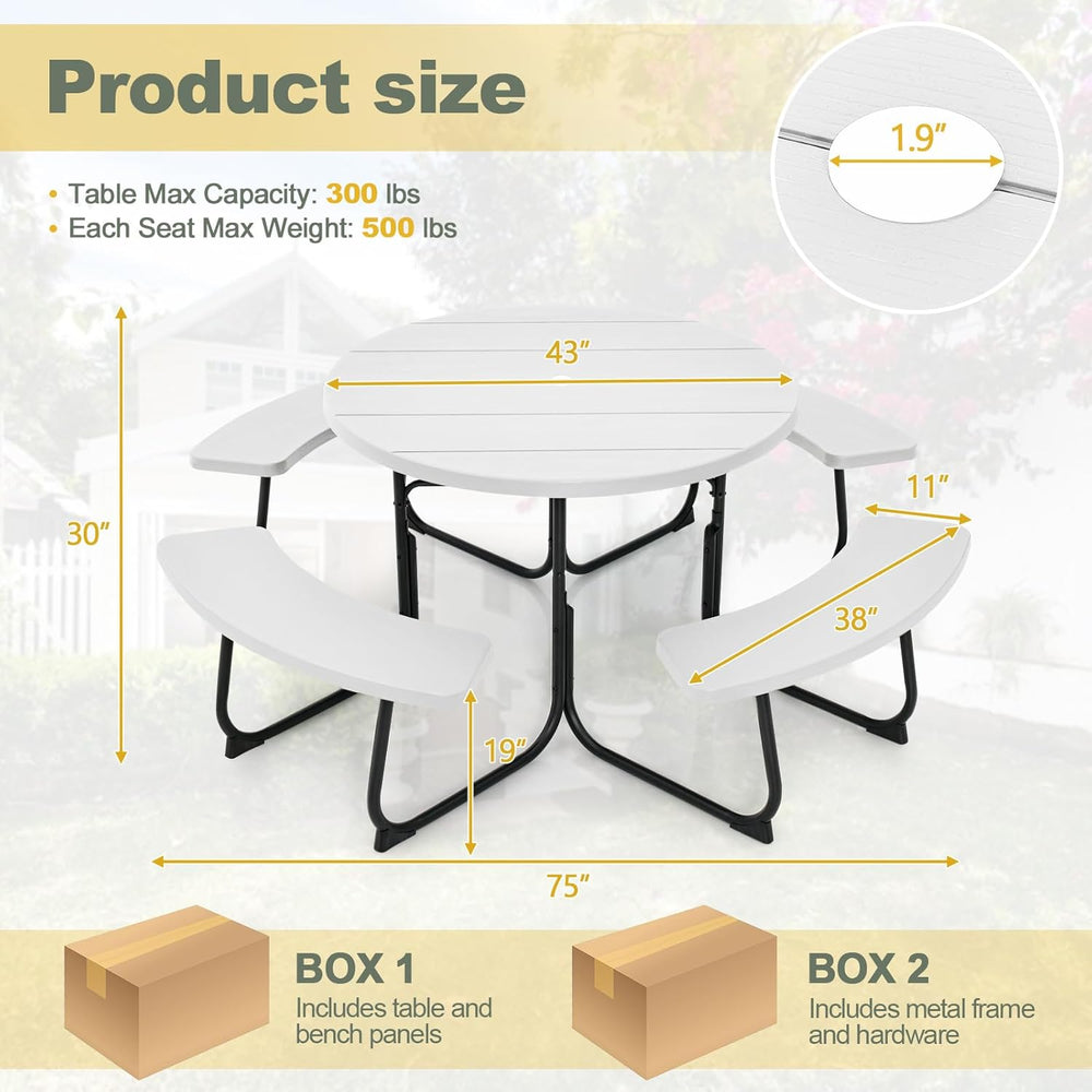 Tangkula 8 Person Picnic Table, Outdoor Round Picnic Table with 4 Built-in Be...