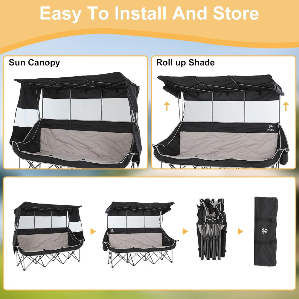 Nice C 3 Person Double Camping Chair with Canopy (Black & Grey)