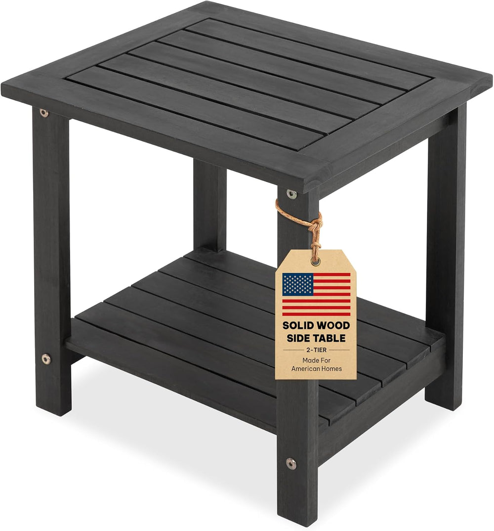 Acacia Wood Adirondack Side Table, 2-Tier Outdoor End Table - Black