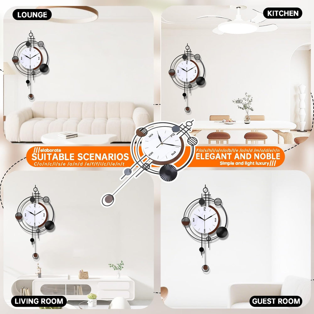Wall Clock with Pendulum, Silent Quality Quartz Battery Operated, Round Analo...