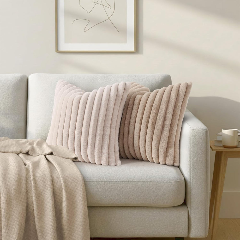 Simmore Faux Fur Striped Tan Throw Pillow Covers 26x26 Set of 2