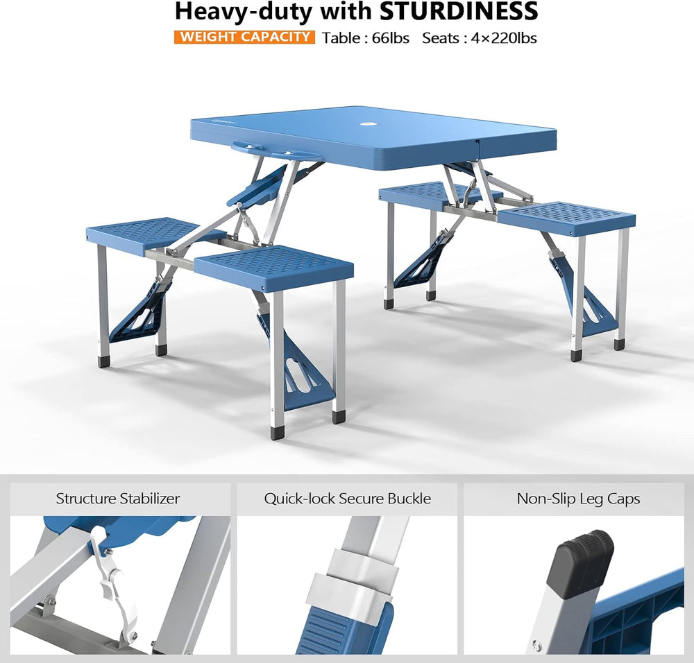 VINGLI 4 Ft Camping Picnic Table Set with 4 Seats with Umbrella Hole Folding ...