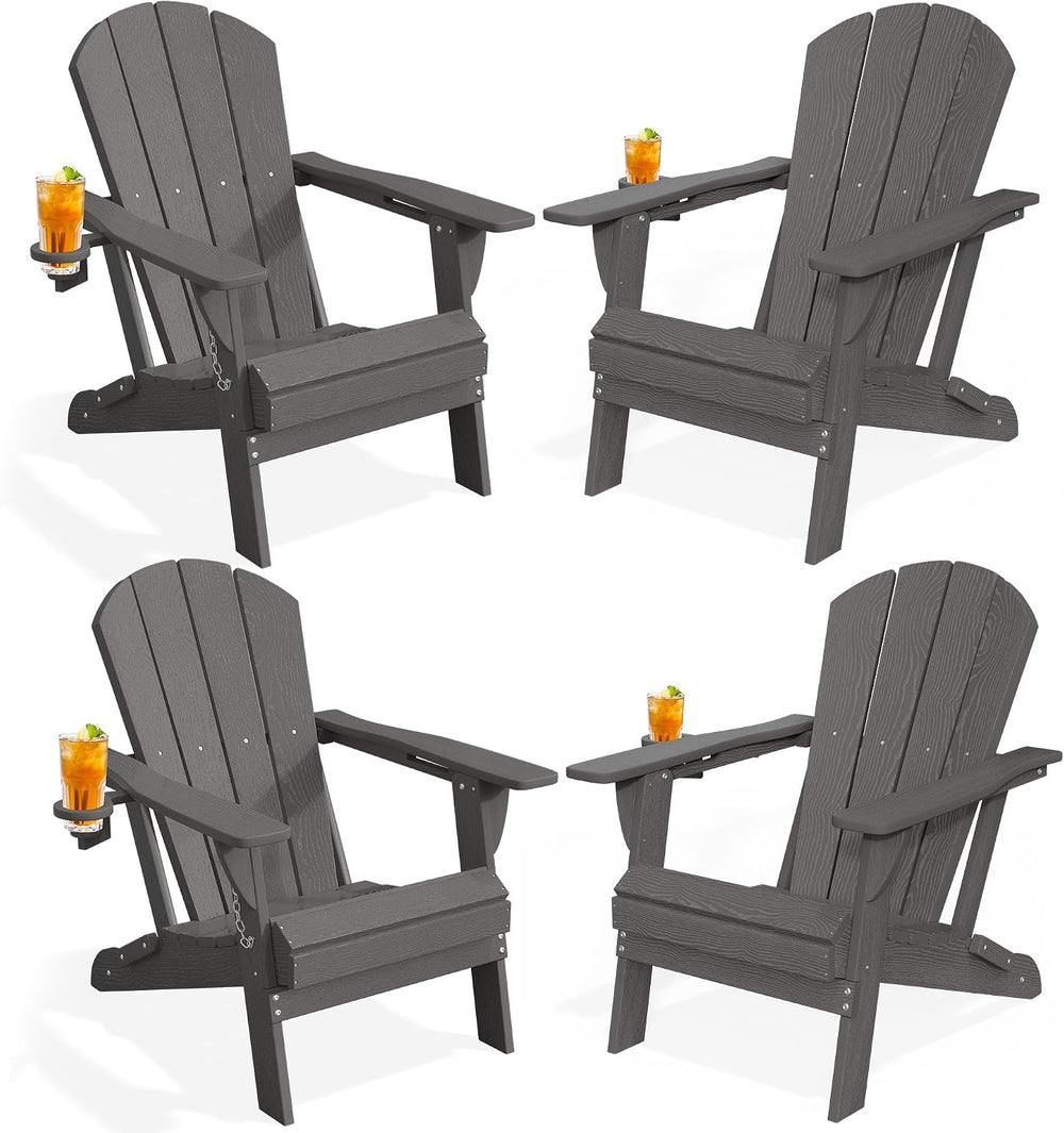 PLUUV Adirondack Chair Set of 4, Fire Pit Chairs with Cup Holder, Grey