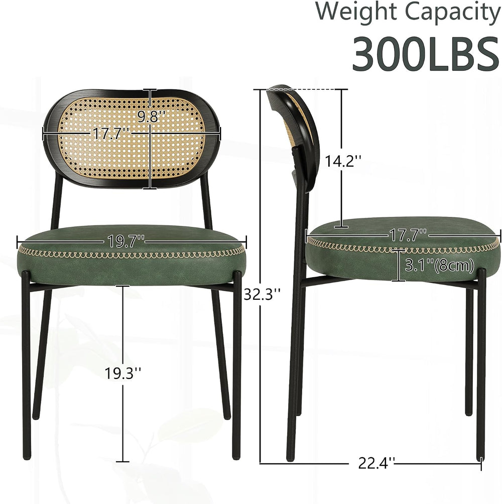 Rattan Dining Chairs Set of 4, Green Leather Upholstered Dining Chairs with R...