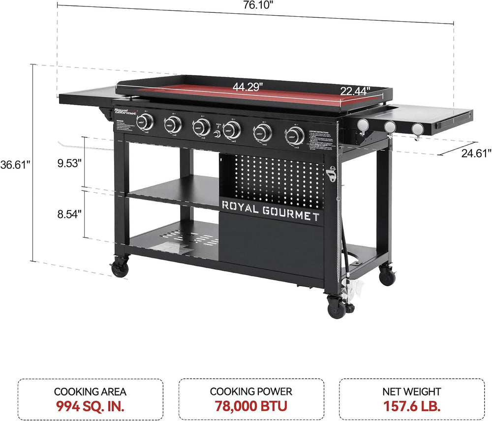 Royal Gourmet GB6000 6 Burner Propane Gas Griddle with Folding Side Tables